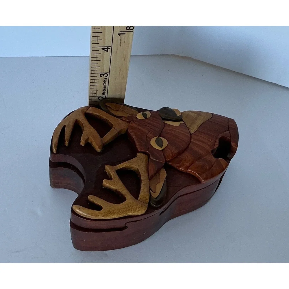 Vintage Buck Head Puzzle‎ Box Wooden Intarsia Deer Trinket Hidden Compart